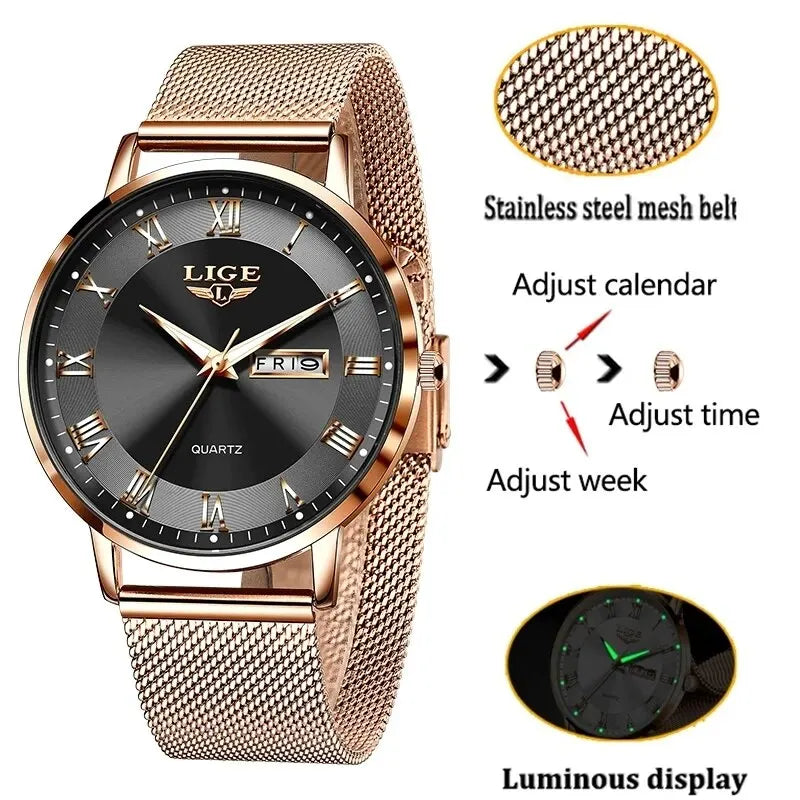 Elegant rose gold women's watch with a stainless steel mesh strap, black dial, Roman numerals and luminous hands.