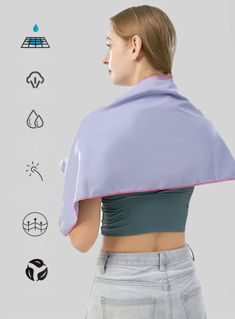 A woman wearing a lilac cooling towel with pink trim, next to icons showing product features.