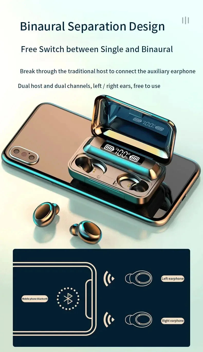Metallic bronze wireless earbuds with a charging case featuring a digital battery display, resting on a smartphone.