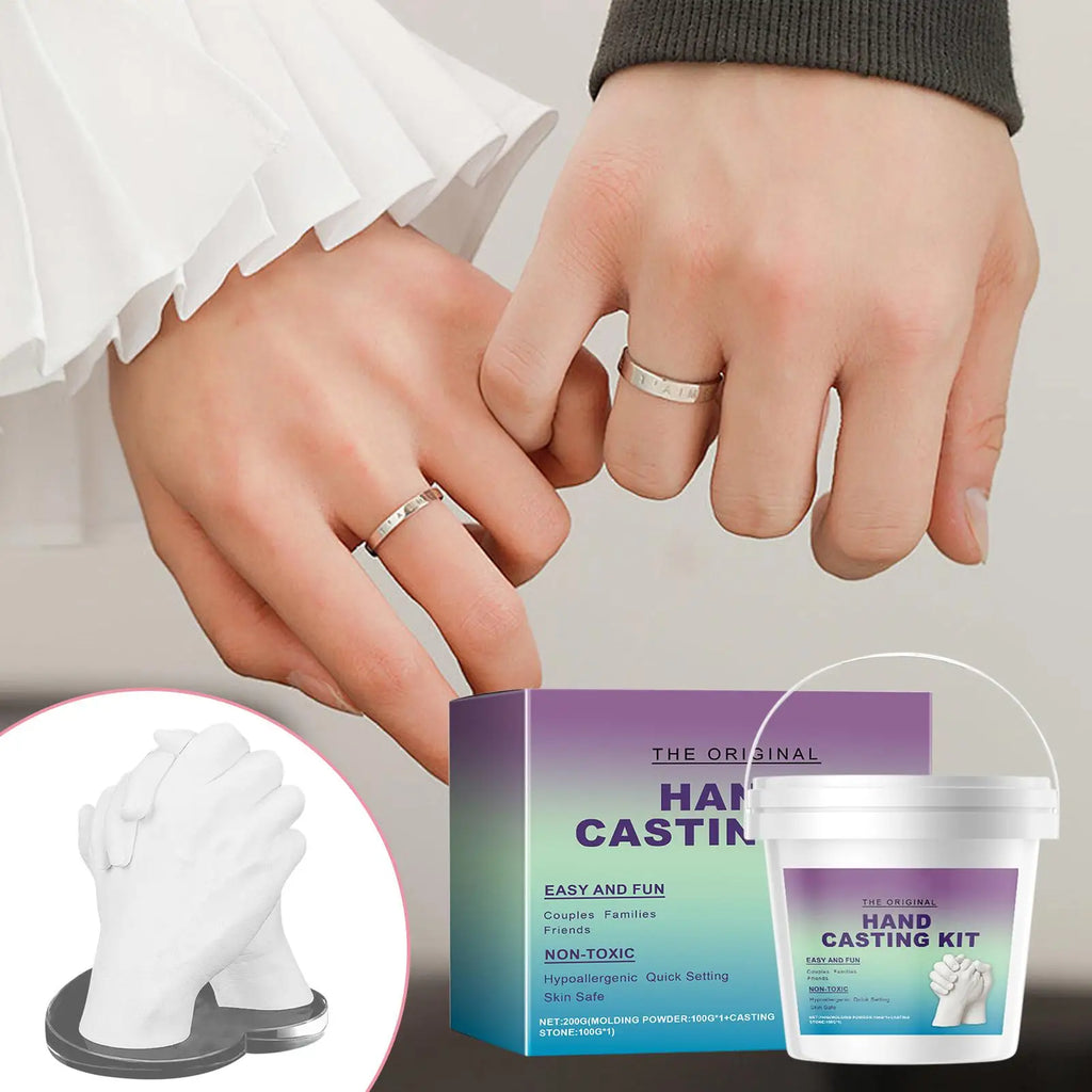 Hand casting kit in a bucket, including non-toxic, skin-safe moulding powder to create detailed plaster hand sculptures.