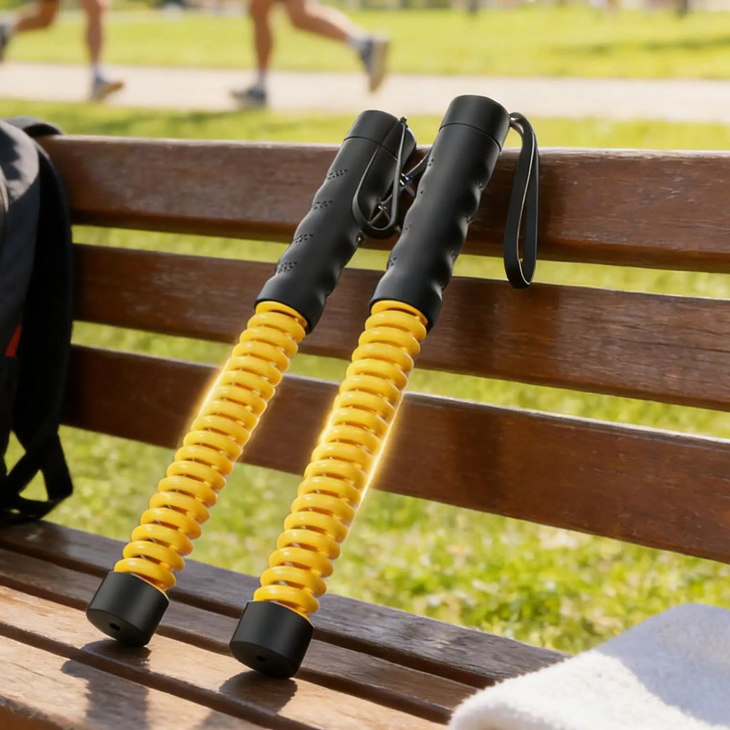 Two weighted fitness training bars with yellow coil springs and black ergonomic grip handles, resting on a park bench.