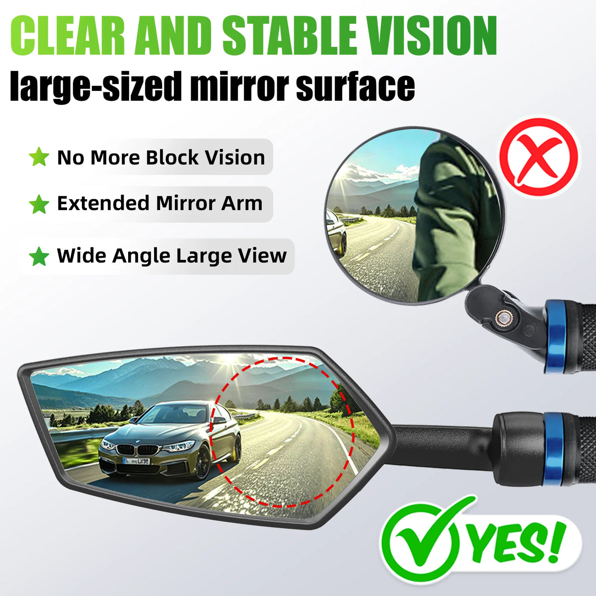 Black RBRL bicycle side mirror with wide-angle lens, extended arm, and blue trim showing broad road view.