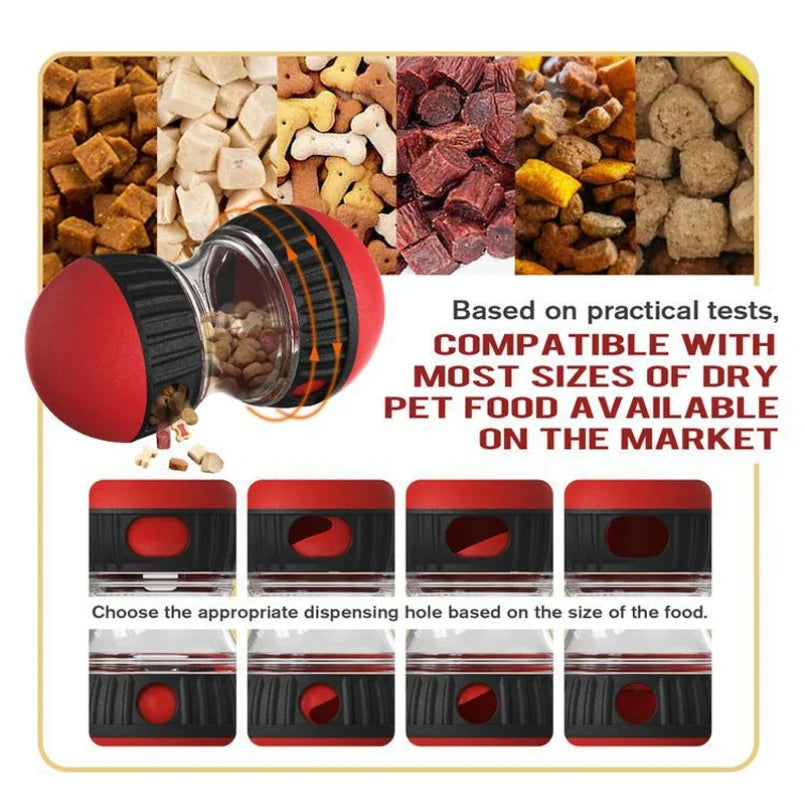 Red and black interactive slow feeder toy showing adjustable dispensing holes for various dry pet food sizes.