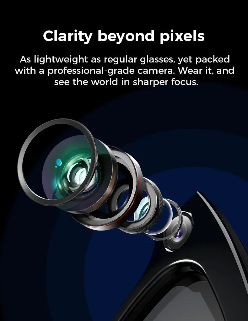 Black, lightweight AI smart glasses featuring a high-definition camera lens exploded view for professional-grade focus.