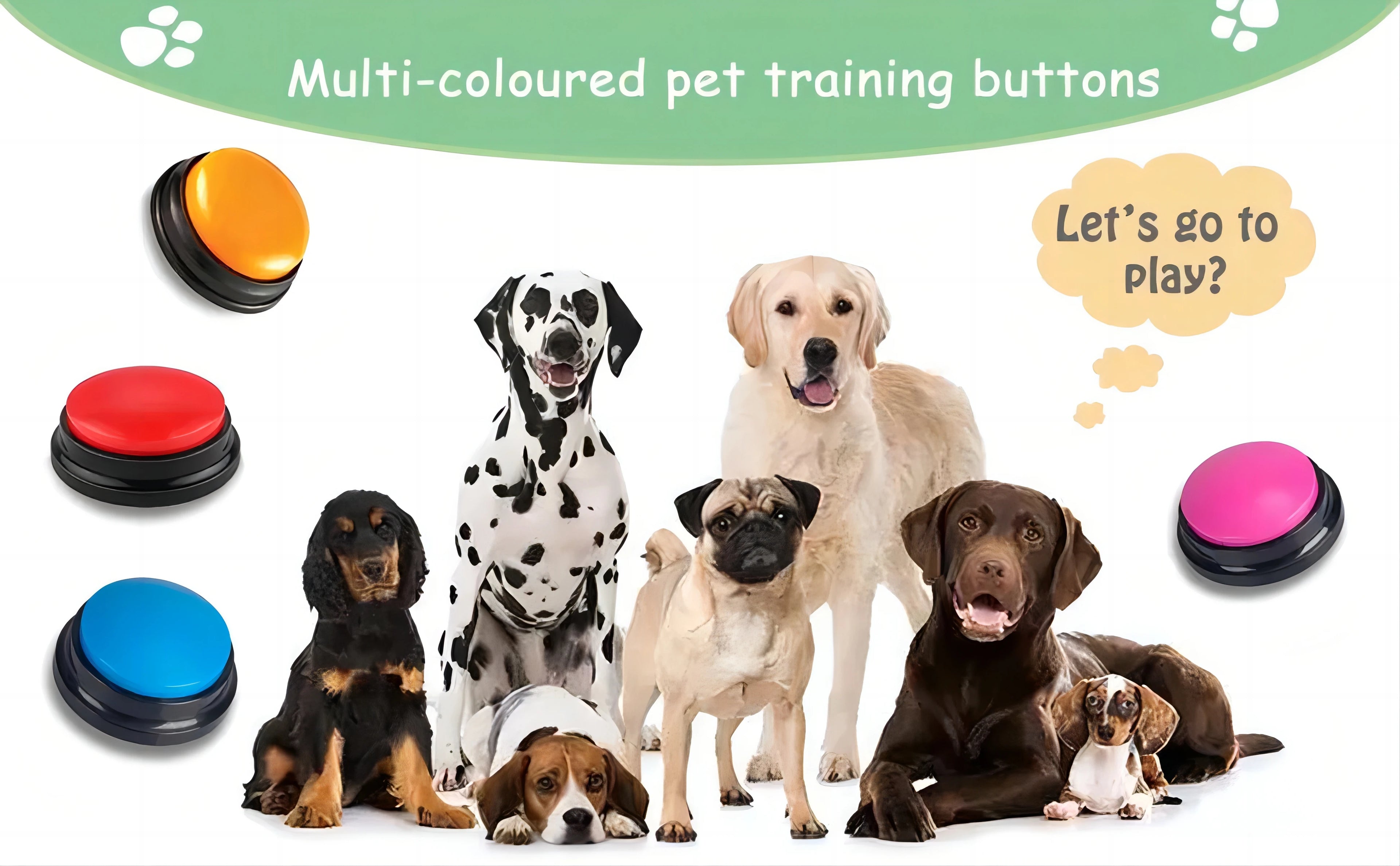 A group of six dogs sitting with multi-coloured recordable training buttons and a 'Let's go to play?' speech bubble.