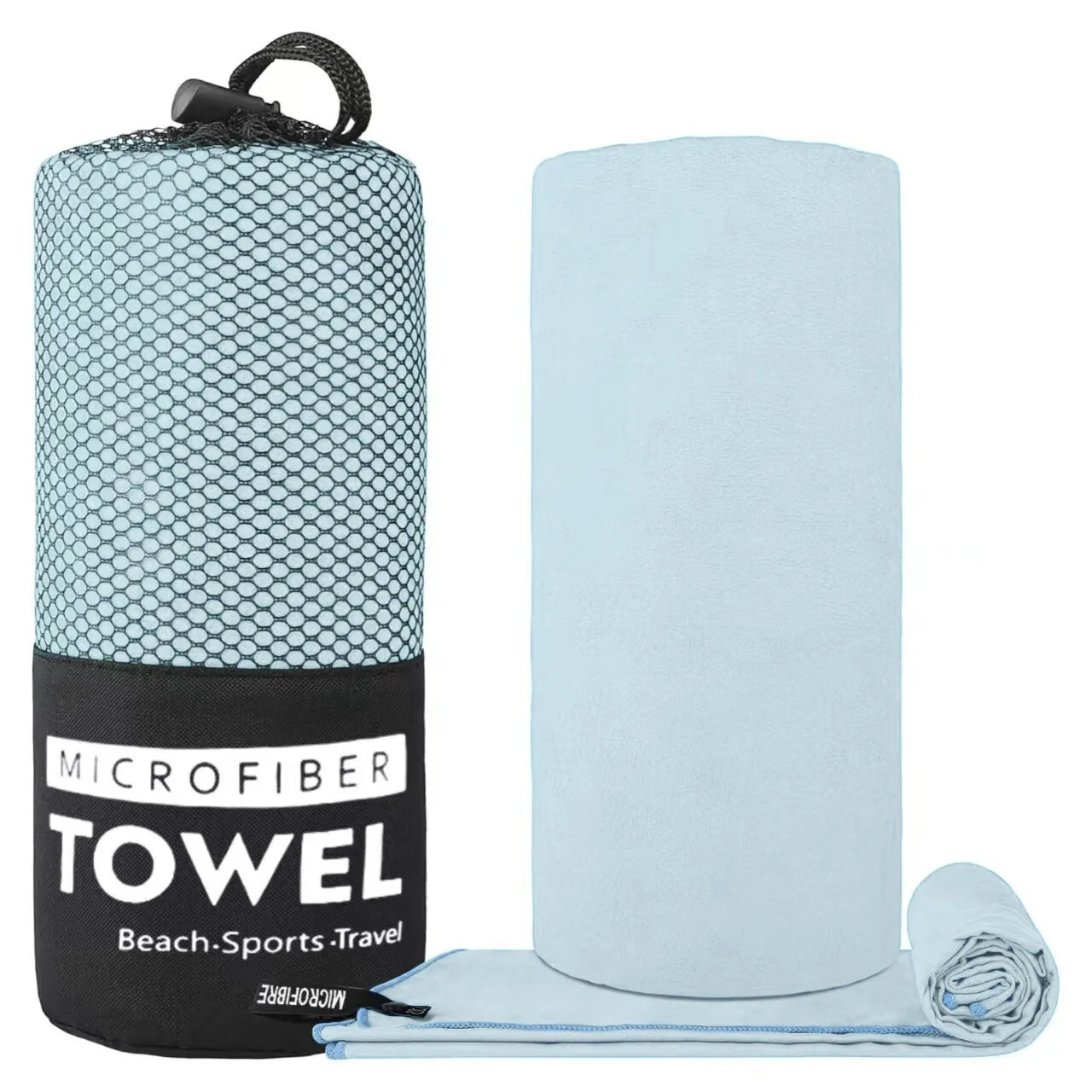 Light blue microfibre travel towel, shown rolled up with a matching black mesh carry bag.