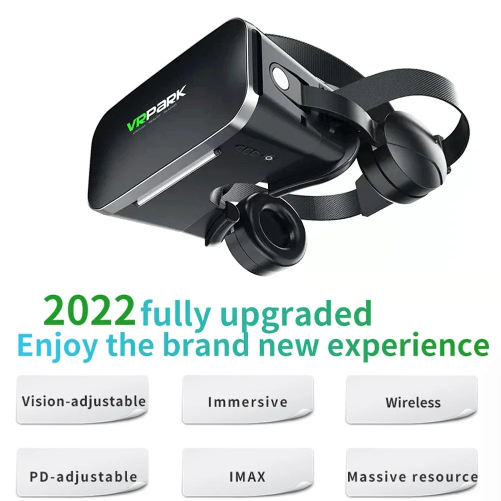 Black VR headset with integrated over-ear headphones and adjustable head straps on a white background.