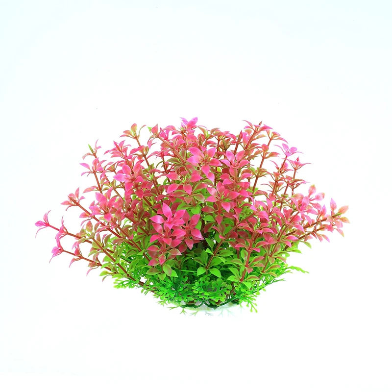Artificial aquarium plant with vibrant pink-tipped leaves transitioning to green at the base, set on a white background.