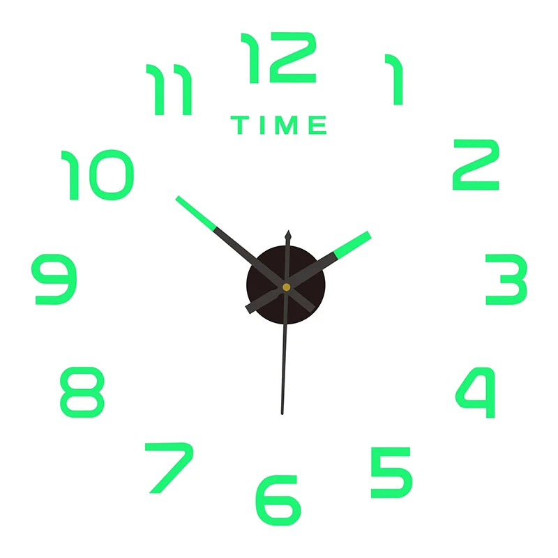 Large, frameless wall clock with glowing green acrylic numbers and clock hands, set against a white background.