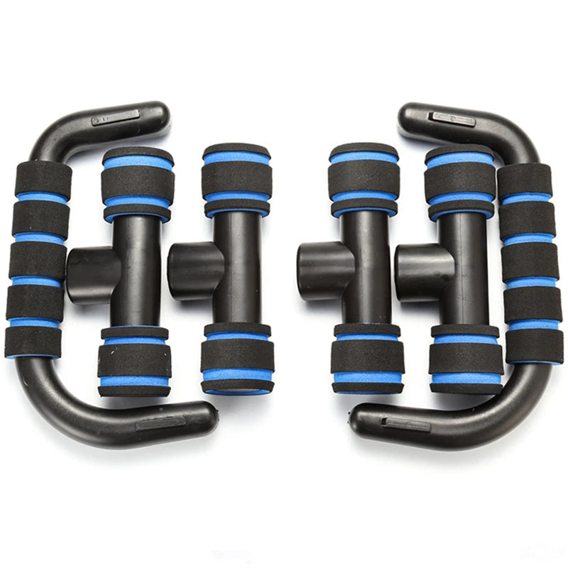 Pair of black push-up bars with blue and black foam padded grips, isolated on a white background.