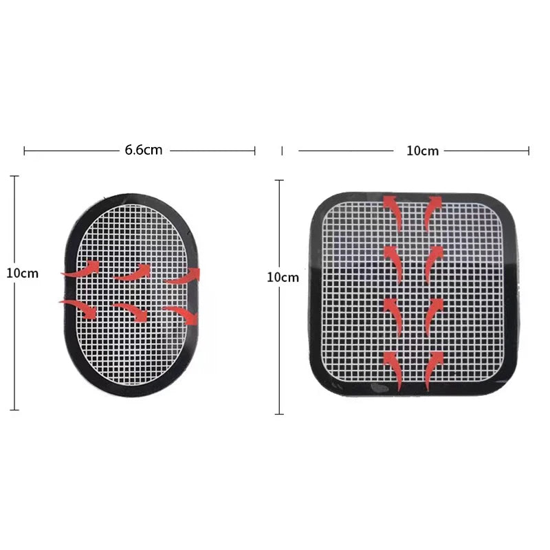 Two black adhesive electrode pads with white grids, showing dimensions of 6.6cm x 10cm and 10cm x 10cm.