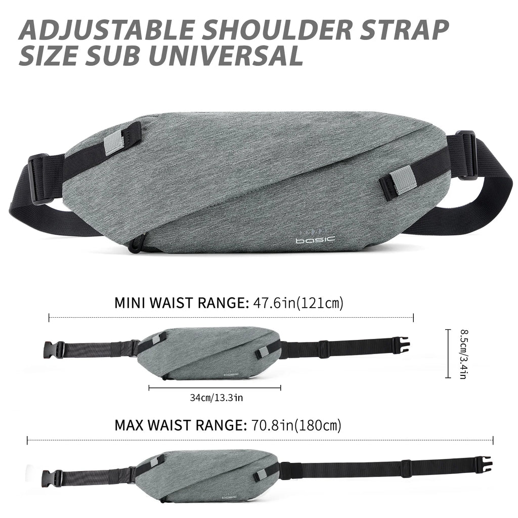 Grey anti-theft crossbody sling bag with adjustable strap and diagrams showing dimensions and waist range.