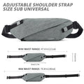 Grey anti-theft crossbody sling bag with adjustable strap and diagrams showing dimensions and waist range.