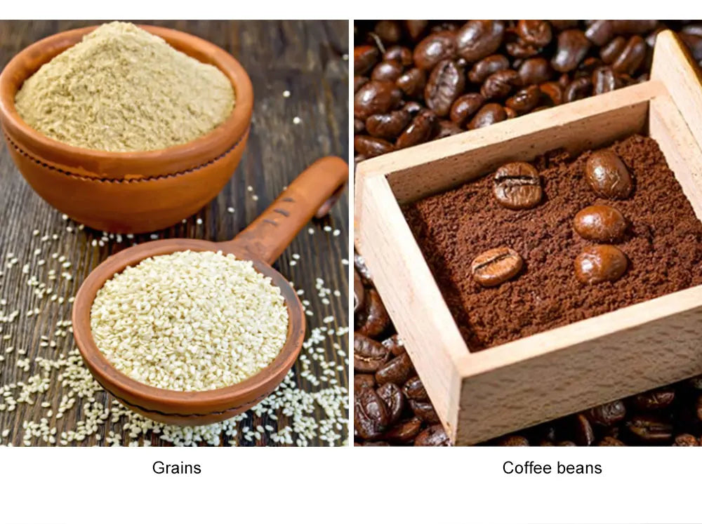 Split view showing ceramic bowls with beige powder and white sesame seeds, plus a wooden box of ground coffee and beans.