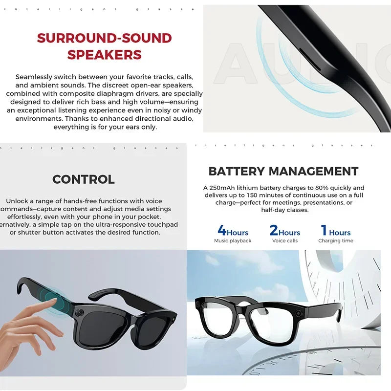 Black smart glasses with integrated audio, HD camera, touch controls, and long-lasting battery for hands-free use.
