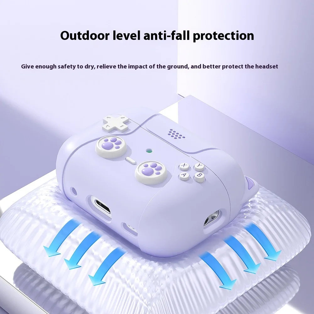 Light purple, silicone protective case for AirPods Pro, styled like a retro games console controller.
