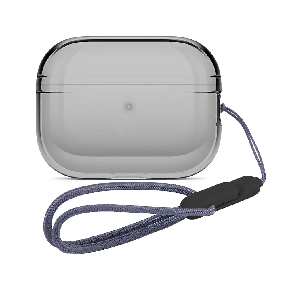 Clear protective AirPods Pro case in smoke grey, featuring a matching woven wrist lanyard.