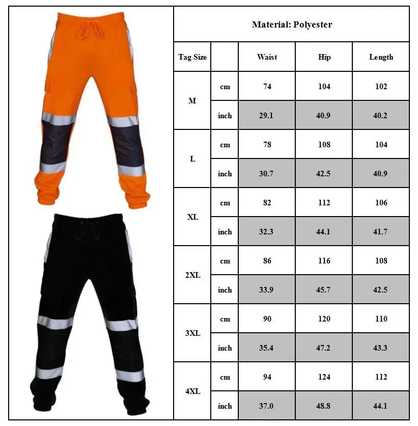 Men’s orange or black reflective workwear joggers with drawstring waist and size guide table.