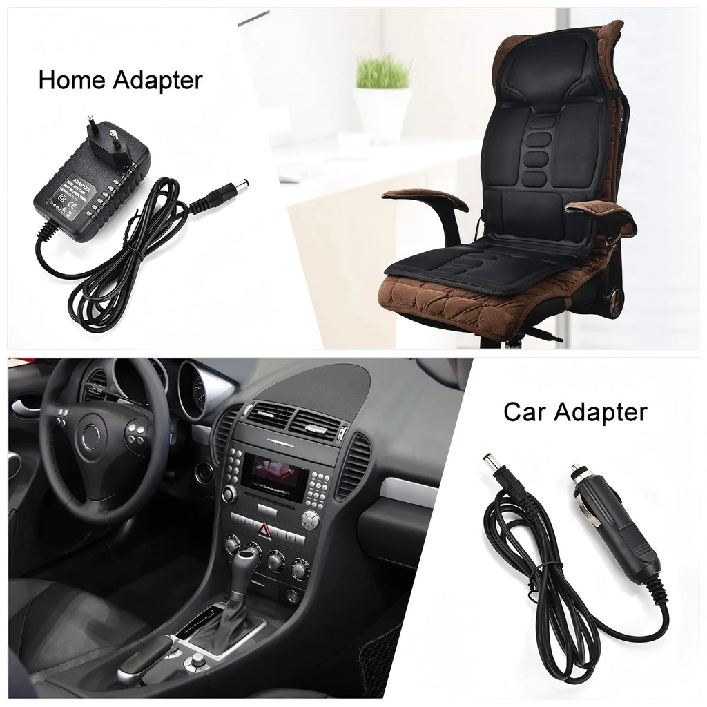 Black and brown heated massage cushion for office chairs or cars, including home and 12V vehicle power adapters.
