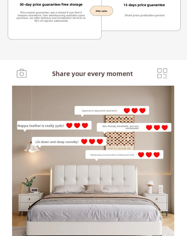 Modern, cream white storage bed frame featuring a sleek, minimalist upholstered headboard in a bedroom setting.