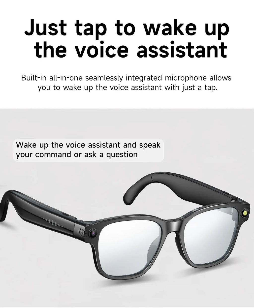 Sleek black smart glasses with a built-in HD camera, voice assistant microphone, and clear lenses.