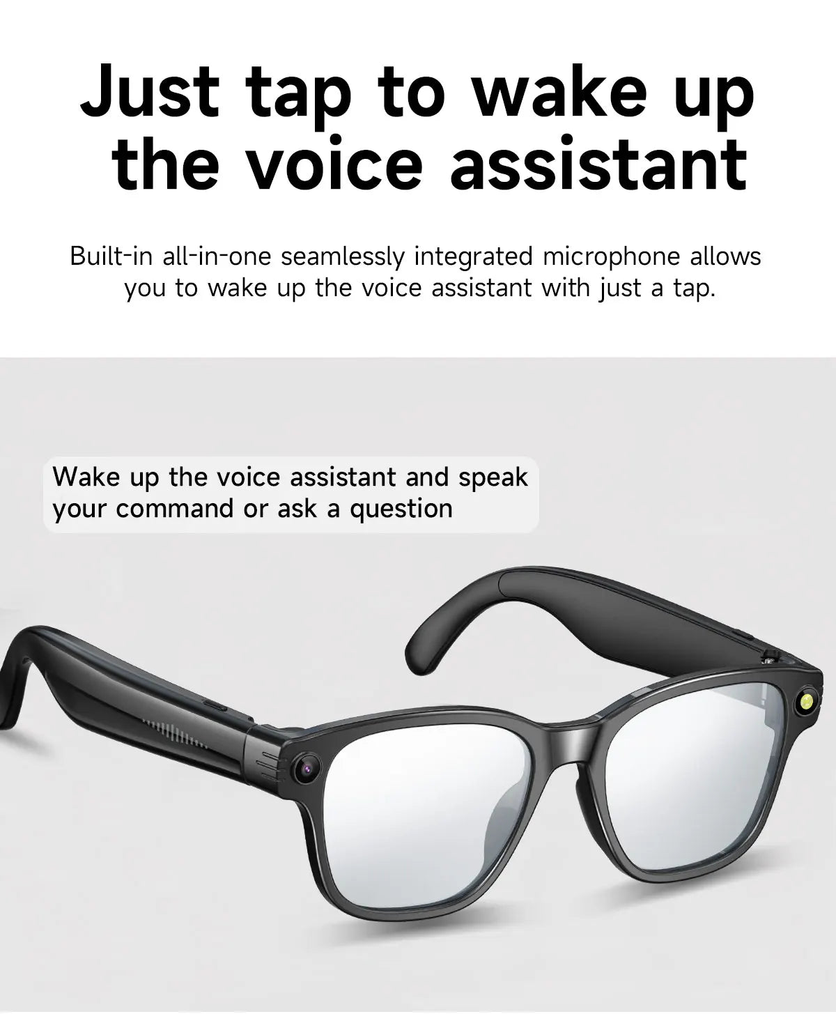 Sleek black smart glasses with a built-in HD camera, voice assistant microphone, and clear lenses.