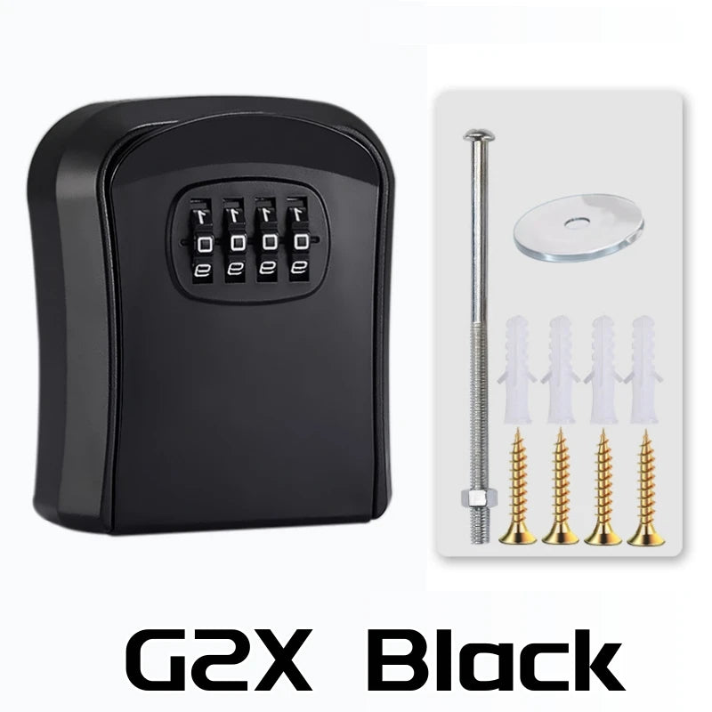 Black metal wall-mounted key lock box with a 4-digit combination dial, including mounting hardware and screws.