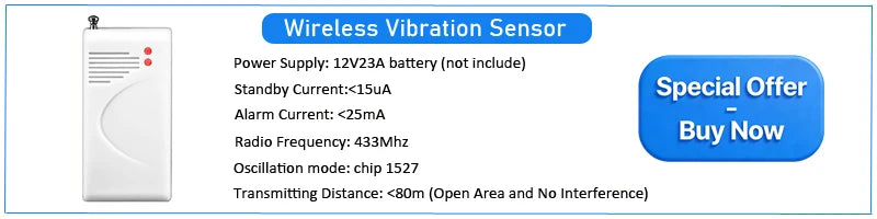 White wireless vibration sensor with antenna, two indicator lights, and text details including special offer button.