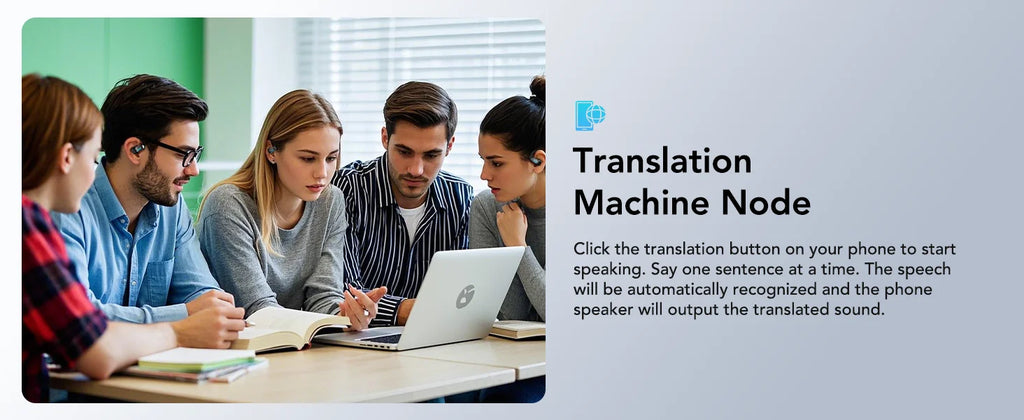A group of people wearing small, sleek black translation earbuds while working together with a laptop.