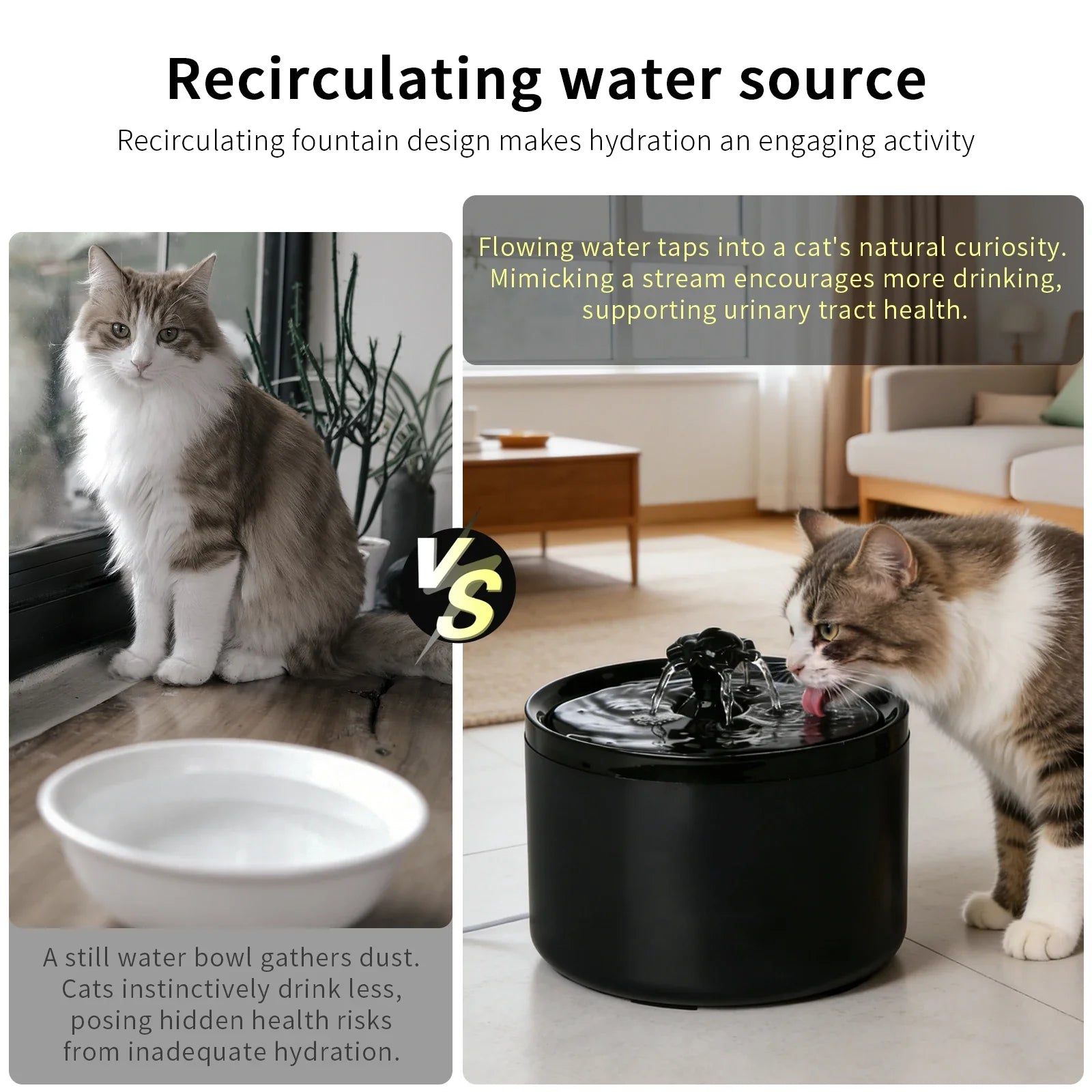 A sleek, round black automatic pet water fountain with a bubbling stream, shown next to a cat drinking from it.