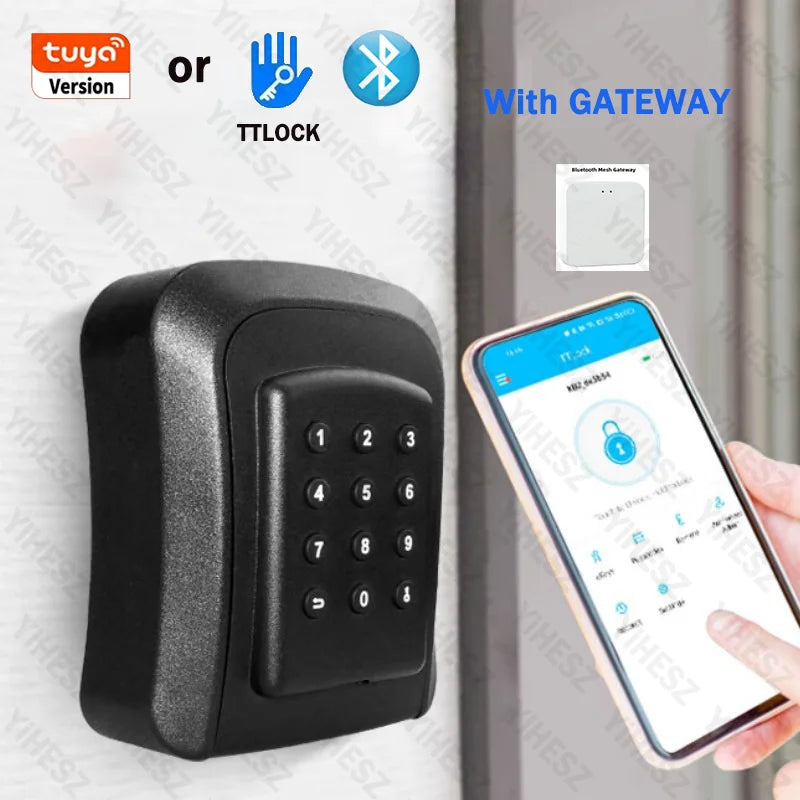 Black metal smart key lock box with digital keypad, Bluetooth app control, and optional gateway.