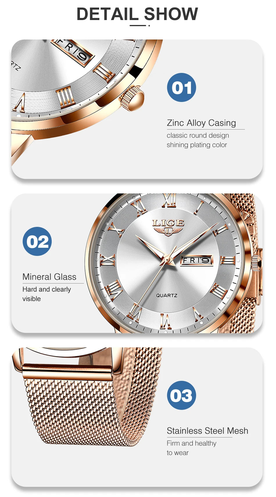 Elegant women's watch featuring a rose gold stainless steel mesh strap, a classic round case and silver dial.
