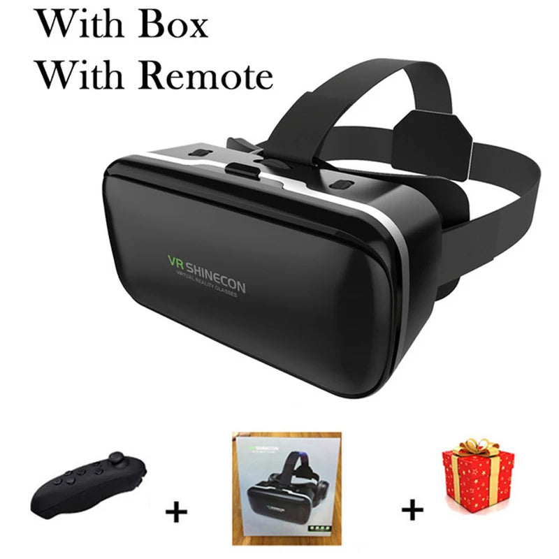 Black VR headset with adjustable strap, handheld remote, and gift box packaging.