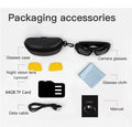 Black camera glasses set with hard case, yellow night vision lenses, 64GB TF card, data cable, cloth, and manual.