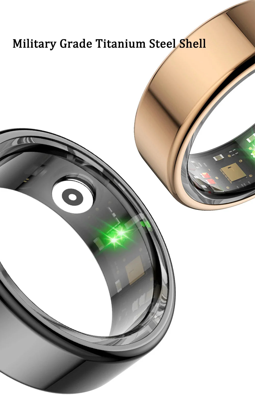 Two titanium steel smart rings in silver and rose gold, showing internal health sensors and green LED indicators.