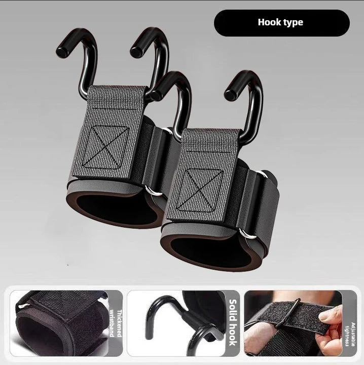 Pair of black gym lifting hooks with adjustable, padded wrist straps for weightlifting support.