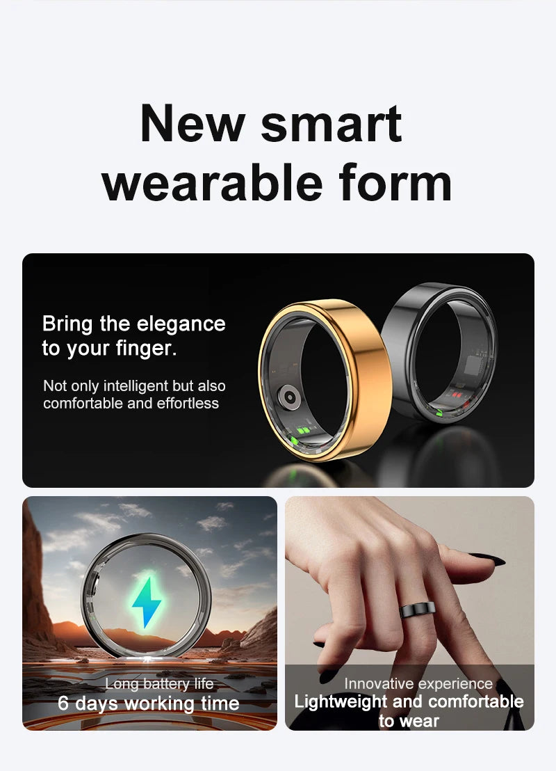 Smart health tracking ring in gold and black, featuring a lightweight, slim design with a 6-day battery life.