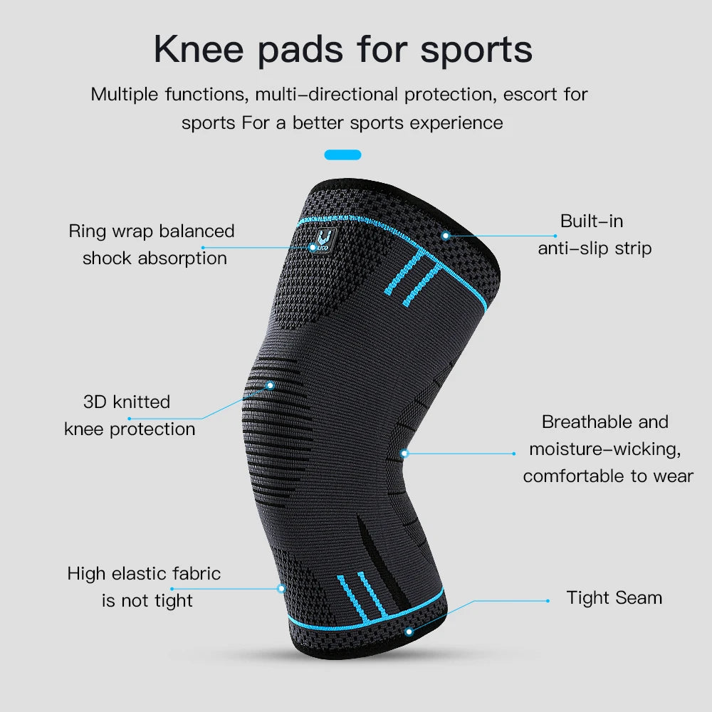 Grey 3D knitted sports knee support with blue detailing, showing technical features like anti-slip and elastic fabric.