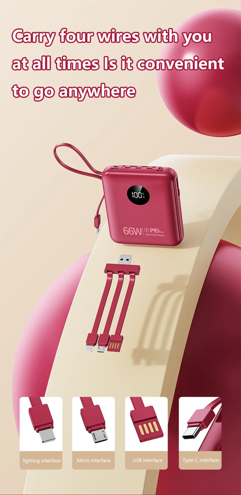 Red 50,000mAh power bank with a digital battery display and four integrated charging cables.