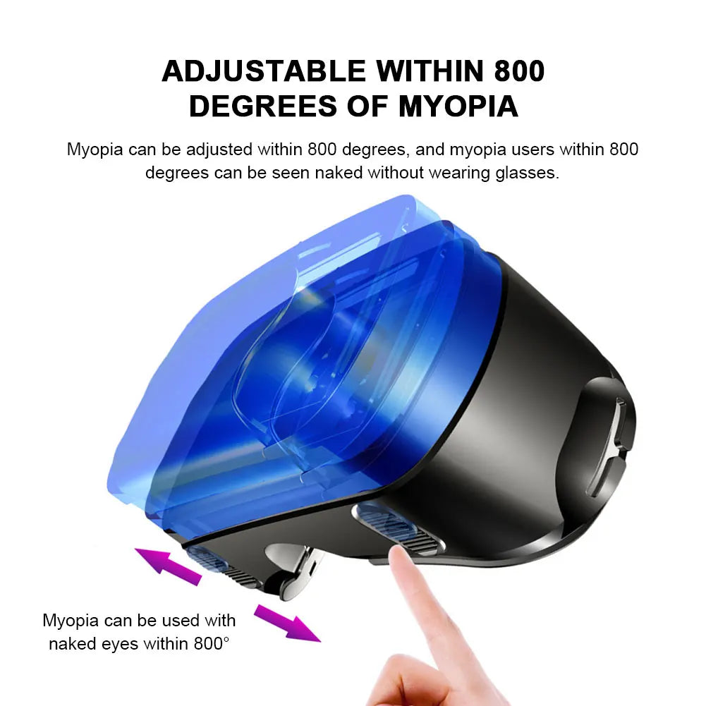 Black VR headset with blue lens cover and side adjustment dial, shown with a finger pointing to the controls.