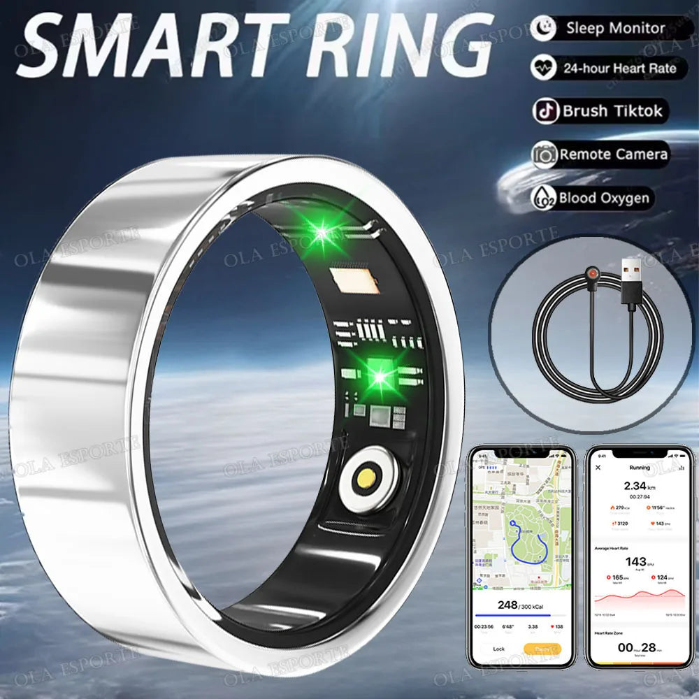 A polished silver smart health tracking ring with internal sensors, charging cable, and a mobile app dashboard.