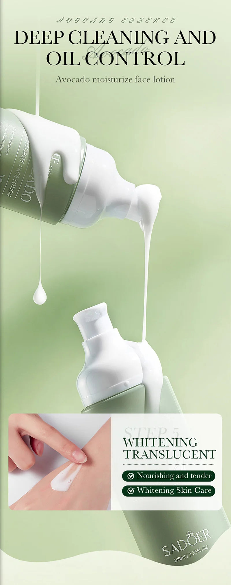 Green bottle of avocado face lotion with white pump, showing creamy texture and nourishing skin application.