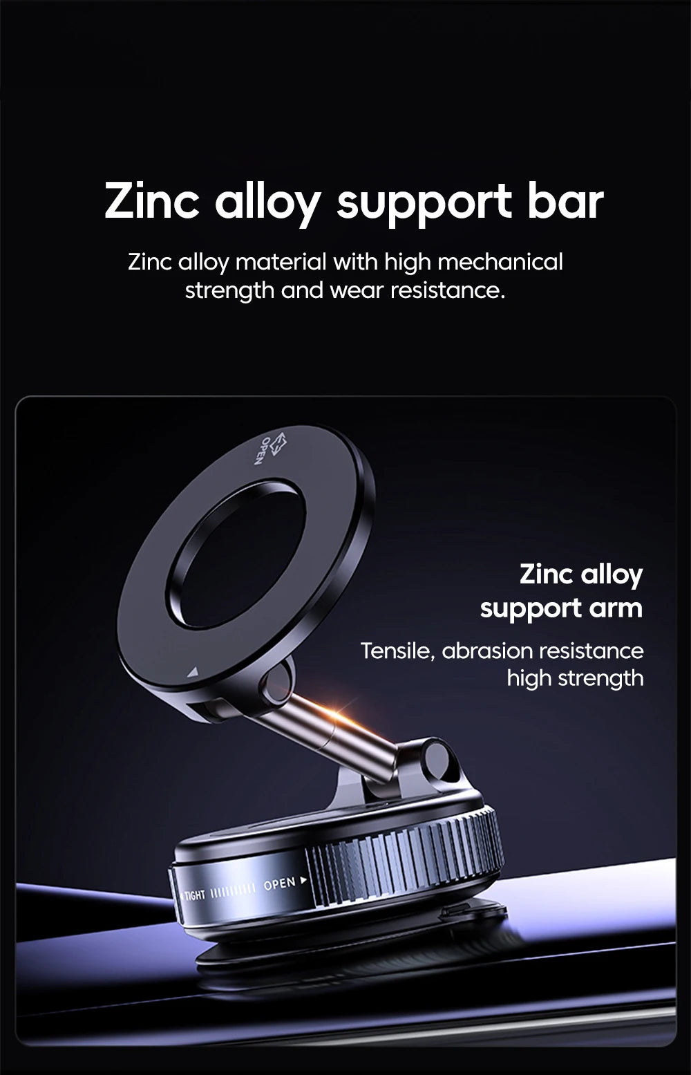 Black zinc alloy magnetic phone holder with adjustable support arm and circular mount on a dark background.