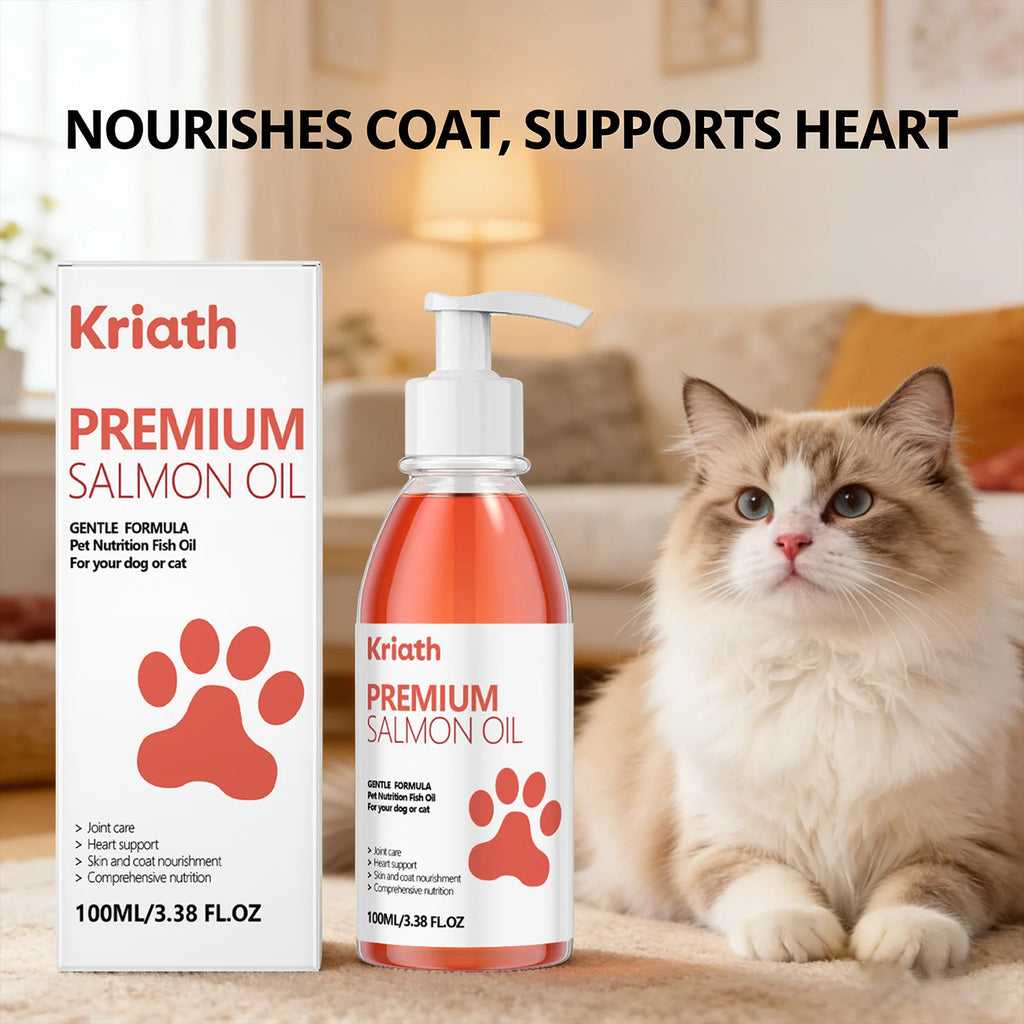 Bottle of orange salmon oil for pets with a pump dispenser and matching product box, shown beside a fluffy cat.