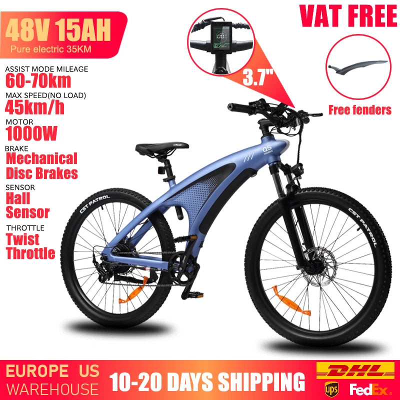 HUANCI Q5 electric mountain bike in blue with a step-through frame, knobby tires, and a digital handlebar display.