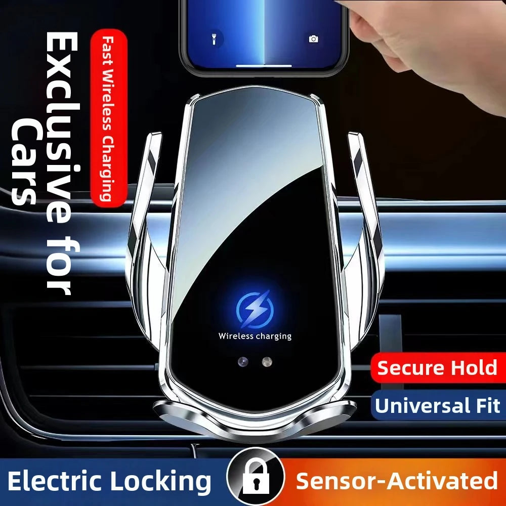 Sleek silver sensor-activated car phone mount with fast wireless charging and secure electric locking side arms.