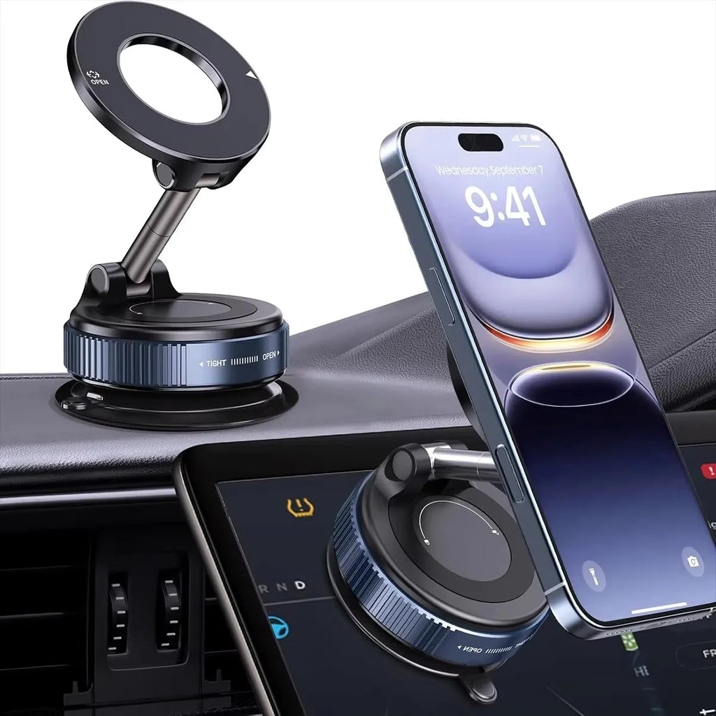 Blue magnetic phone car mount with adjustable folding arm, shown attached to a dashboard holding a smartphone.