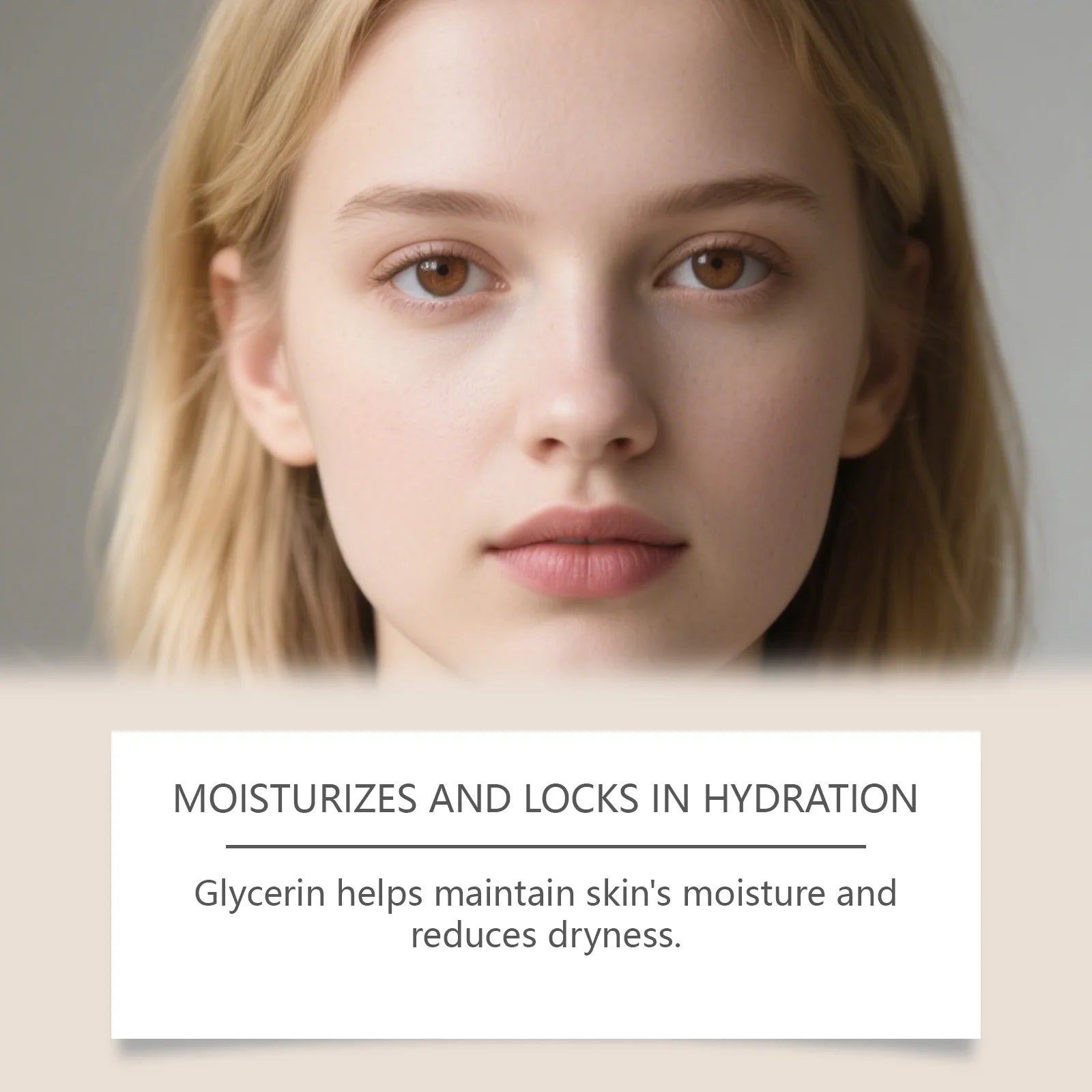 Close-up of a young woman with glowing skin, with text overlay: Moisturizes and locks in hydration using glycerin.