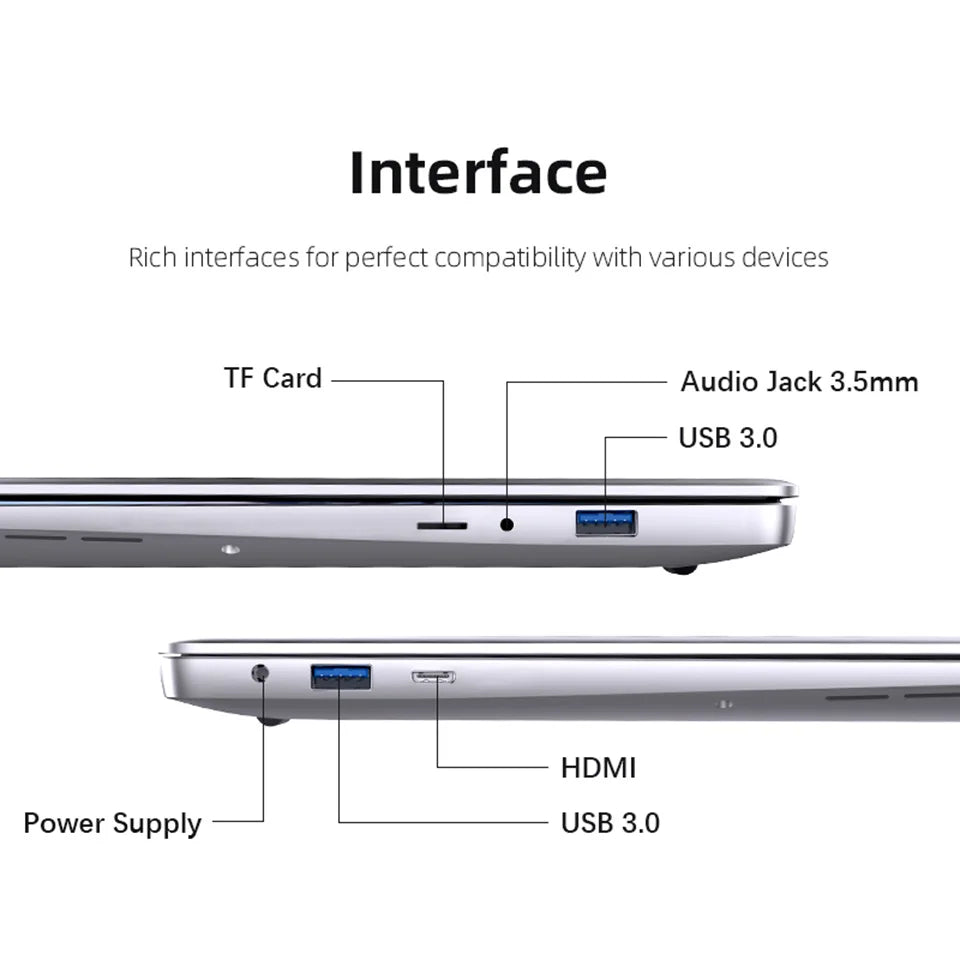 Silver slim laptop showing side-profile port connectivity: USB 3.0, HDMI, TF card slot, audio jack, and power input.