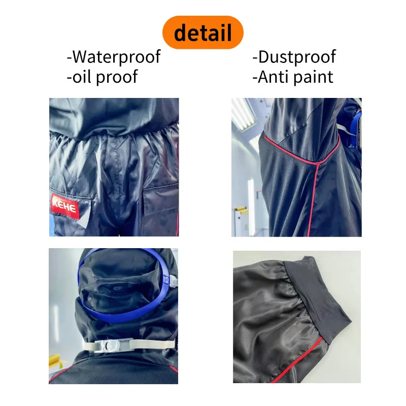 Black protective synthetic work coveralls with red trim, featuring waterproof, oil-proof, and dustproof properties.